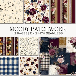 Patrones de patchwork florales burdeos, diseño de tela cottagecore sin costuras en azul marino vintage y beige