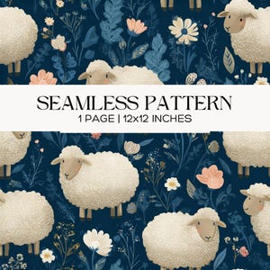 Puede incluir: Patrón sin costuras con ovejas blancas, flores rosas y crema, y hojas azules sobre un fondo azul marino. El texto "SEAMLESS PATTERN" se muestra encima de las dimensiones de 30x30 cm.