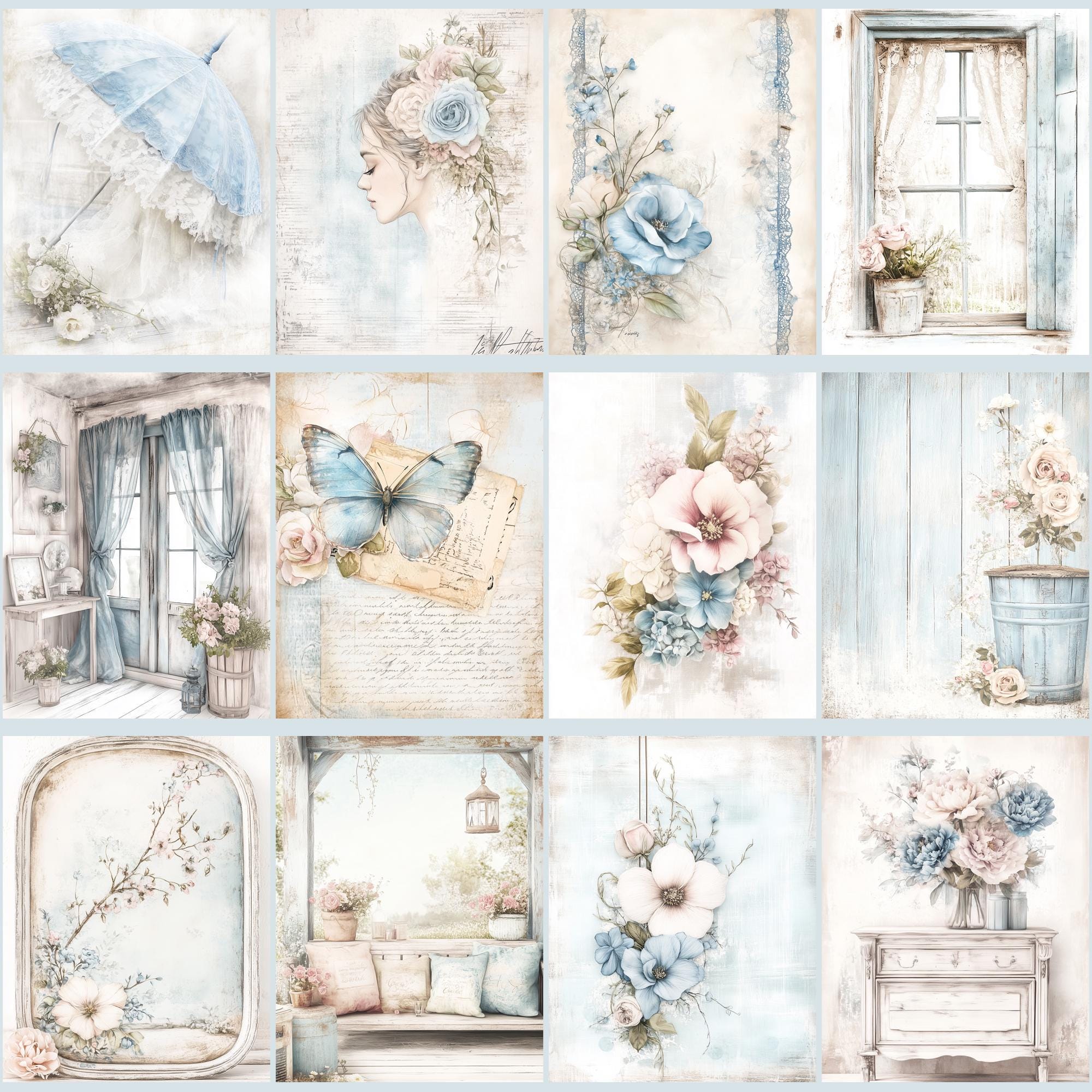 Blue Shabby Chic Junk Journal Kit, Vintage Floral Scrapbook Paper ...
