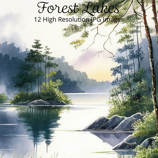 Forest and Lake Scenery Bundle of 12, Watercolor Clipart, Tranquil Mood Wall Art, Soft Lighting Painting, Nature Painting, Commercial Use