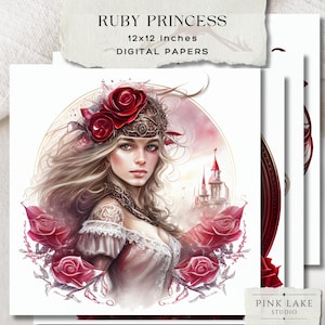 May include: A digital paper featuring a portrait of a woman with long blonde hair wearing a crown of red roses and a white dress. The background is a soft pink with a castle in the distance. The image is surrounded by red roses.