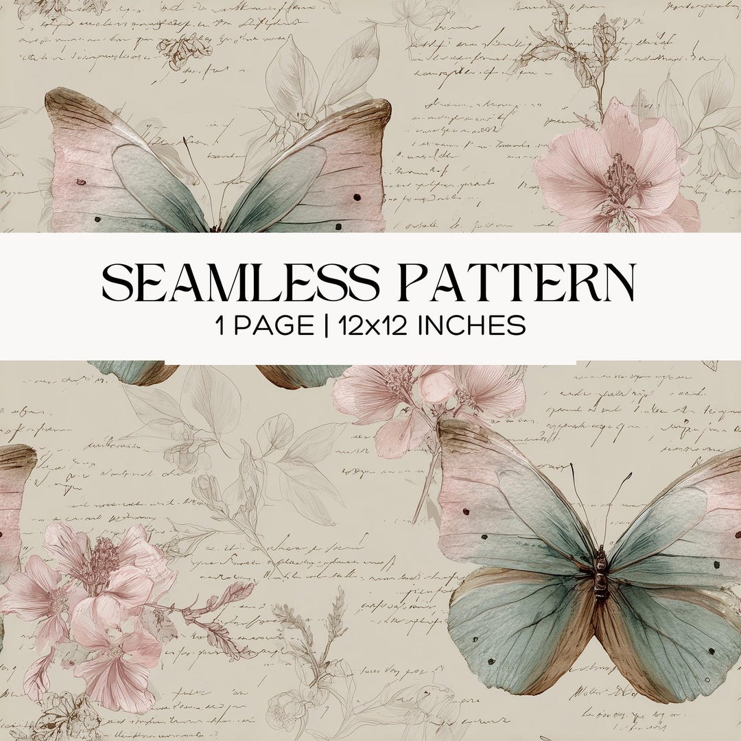 Sage Green Butterfly Seamless Pattern, Vintage Blush Floral Script ...