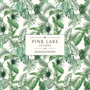 May include: Seamless pattern featuring watercolour illustrations of various green tropical leaves on a white background. The text "PINK LAKE STUDIO" and "SEAMLESS PATTERN" is centred in the middle of the image.