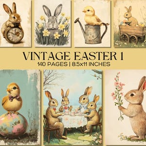 ensemble de papier numérique vintage lapin de Pâques, poussins mignons et lapins, éphémères imprimables de Pâques pour les journaux indésirables et l&#39;artisanat de scrapbooking
