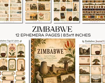 Zimbabwe Junk Journal Kit Printable Heritage Ephemera, Zimbabwe Cards Tags Woven Borders