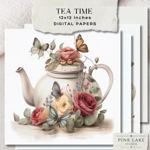 Floral Tasse und Untertasse, Aquarell Vintage Clipart Bundle, Shabby Chic Rosen, Junk Journal, Collage, druckbare Wandkunst, kommerzielle Nutzung