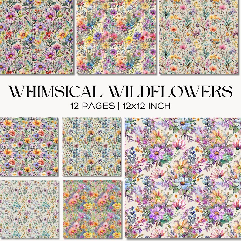 Wildflower Pattern Bundle, Whimsical Floral Digital Paper Pack ...