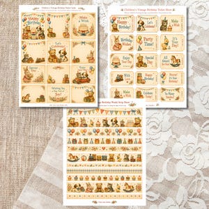 Pu&ograve; includere: Tre fogli di carta con illustrazioni in stile vintage di orsacchiotti, conigli, gattini e cuccioli a tema compleanno. I disegni includono cartoline, biglietti e strisce washi decorate con palloncini colorati, torte e giocattoli.