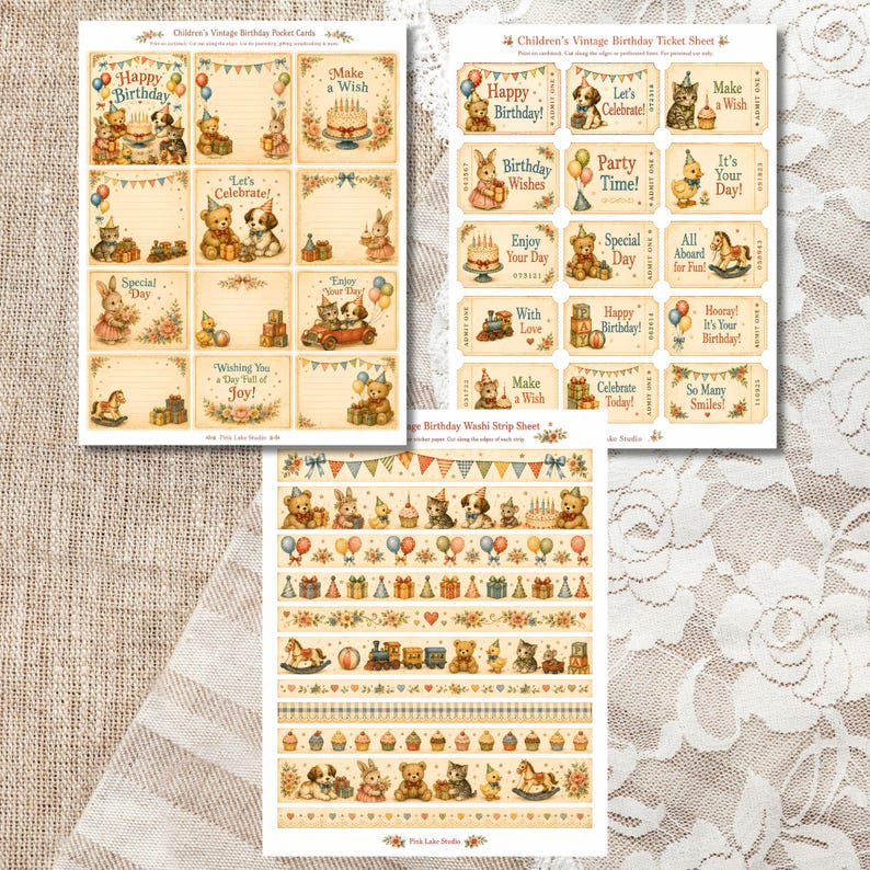 Pu&ograve; includere: Tre fogli di carta con illustrazioni in stile vintage di orsacchiotti, conigli, gattini e cuccioli a tema compleanno. I disegni includono cartoline, biglietti e strisce washi decorate con palloncini colorati, torte e giocattoli.