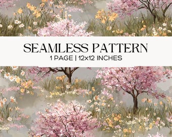 Pink Blossom Tree Seamless Pattern, Spring Meadow Landscape, Scrapbook Printable Backgrounds, Digital Paper