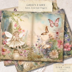 Páginas de diario basura de hadas verdes, papel digital de hadas vintage, efímeras de hadas imprimibles, papel de álbum de recortes de fantasía, kit de diario Cottagecore