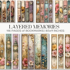 May include: A collection of decorative bookmarks with vintage-style designs. The bookmarks feature floral, architectural, and nature-inspired illustrations in various colors. The text "LAYERED MEMORIES" and "146 PAGES of BOOKMARKS | 8.5x11 INCHES" are also visible.