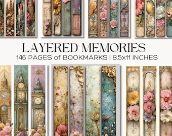Utskrivbara bokmärken, Junk Journal med förgyllda blommiga efemerabilder, digitalt papper med vintageklocka, scrapbookkit för bibliotek