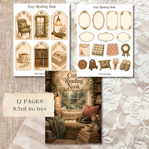 May include: A collection of printable paper ephemera titled Cozy Reading Nook, featuring two sheets of decorative tags and labels with illustrations of armchairs, books, lamps, and textiles, plus a larger scene of a window seat, totalling 12 pages at 8.5x11 inches.