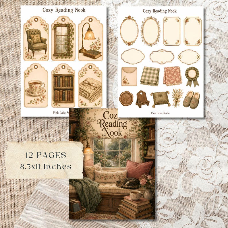 May include: A collection of printable paper ephemera titled Cozy Reading Nook, featuring two sheets of decorative tags and labels with illustrations of armchairs, books, lamps, and textiles, plus a larger scene of a window seat, totalling 12 pages at 8.5x11 inches.