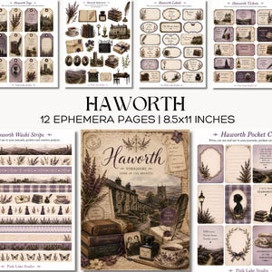 May include: A collection of vintage-style ephemera pages with a Haworth theme, including tags, labels, tickets, and washi strips. The designs feature illustrations of buildings, books, and floral elements in shades of purple and brown. The text "HAWORTH" and "12 EPHEMERA PAGES | 8.5x11 INCHES" are visible.