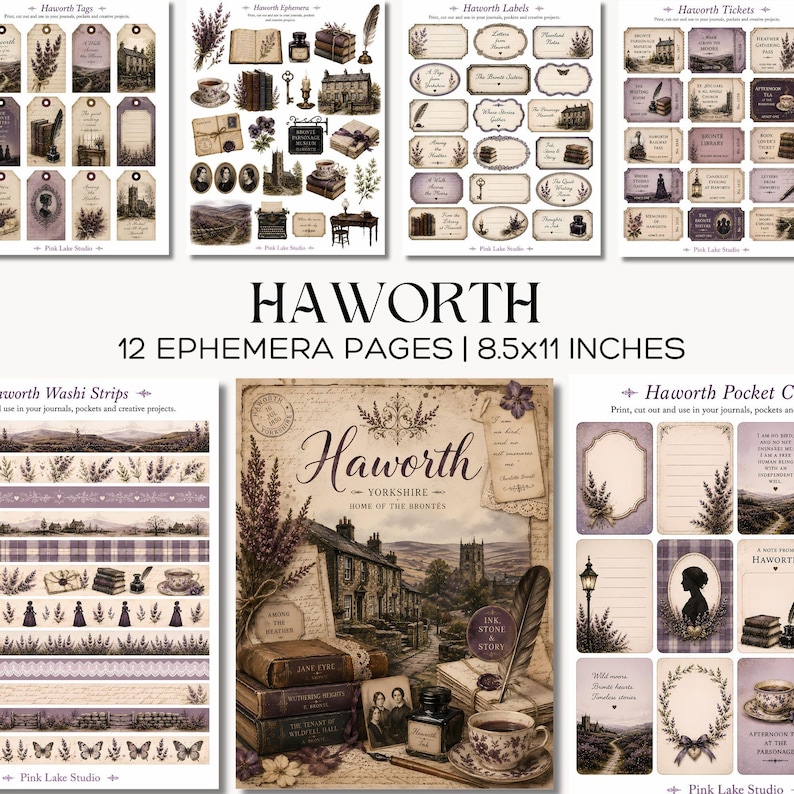 May include: A collection of vintage-style ephemera pages with a Haworth theme, including tags, labels, tickets, and washi strips. The designs feature illustrations of buildings, books, and floral elements in shades of purple and brown. The text "HAWORTH" and "12 EPHEMERA PAGES | 8.5x11 INCHES" are visible.