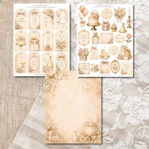 May include: A selection of elegant birthday ephemera, including tags, stickers, and a decorative paper sheet. The designs feature soft pink and beige tones, with floral and cake motifs. The text includes birthday wishes and celebratory phrases.