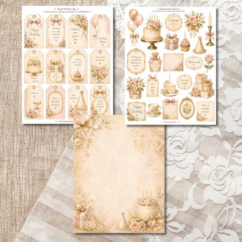 May include: A selection of elegant birthday ephemera, including tags, stickers, and a decorative paper sheet. The designs feature soft pink and beige tones, with floral and cake motifs. The text includes birthday wishes and celebratory phrases.