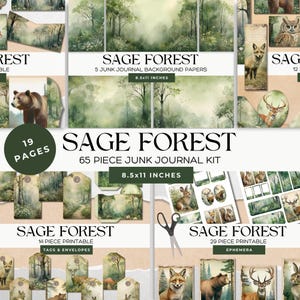 Sage Forest Junk Journal Kit, 19 afdrukbare pagina's en 65 digitale elementen voor vintage junkjournals, scrapbooking, achtergronden, kortstondige papieren