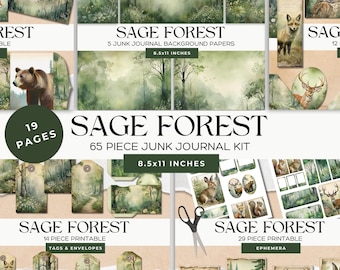 Sage Forest Junk Journal Ephemera Kit, Backgrounds, Double Pages, Bookmarks, Ovals, Rectangles, Stamps