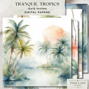 Tranquil Tropics Watercolour Backgrounds, Tropical Beach Digital Paper Pack, Coastal Scrapbook Pages, Palm Trees, Ocean Printable Download