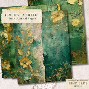 Pages de journal indésirable émeraude dorée, papier numérique vert et or vintage, feuilles de collage imprimables, arrière-plans de scrapbooking, téléchargement immédiat