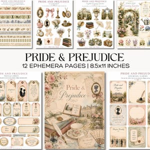 May include: A collection of 12 ephemera pages measuring 8.5x11 inches, featuring Pride and Prejudice themed designs. The pages include washi strips, clipart, journal cards, tags, and labels with floral, vintage, and literary illustrations.