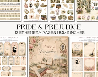 Pride and Prejudice Junk Journal Kit, Jane Austen Ephemera, Printable English Regency Scrapbook Pages