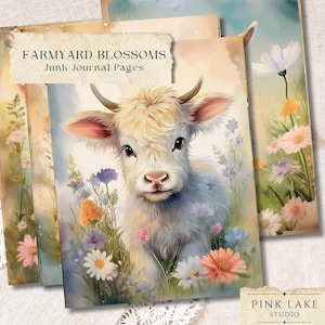 Fiori di fattoria, pagine di diario di animali da fattoria, cancelleria floreale rustica, stampe di fattoria con acquerelli, diario digitale Cottagecore Ephemera