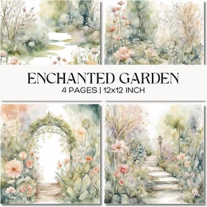 Zestaw papieru cyfrowego Enchanted Garden Watercolor Floral, szałwiowa zieleń, pudrowy róż, wydruki do dziennika Junk Journal