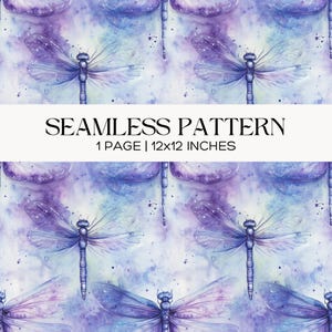 May include: Seamless pattern featuring watercolor dragonflies in shades of purple and blue. The design includes the text "SEAMLESS PATTERN" and "1 PAGE | 12x12 INCHES". The pattern is 12 inches by 12 inches.