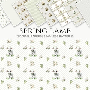 Motivo senza cuciture con agnello primaverile, sfondi con motivo ripetuto di pecorelle, confezione di carta digitale, bundle di album di ritagli, carta per pianificatori, creazione di biglietti