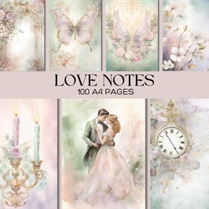 Shabby Chic Liebesnotizen Junk Journal Kit, Pastell Rosa und Grün Digitales Papier, Romantische Aquarell Seiten, druckbare Ephemera