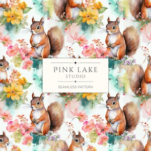 Padrão sem emendas de esquilos florais, papel digital de esquilo em aquarela, estampa de tecido de animais da floresta, design têxtil para artesanato e decoração