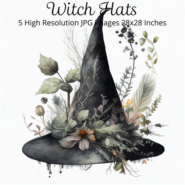 Botanical Witch Hats, Clipart Bundle, Black Witch Hat, Halloween Clipart, Gothic Clipart, Invitations, Greeting Cards, Digital Papercraft