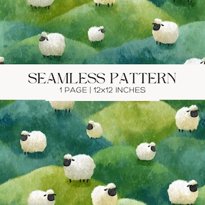 May include: A seamless pattern with white sheep with black faces and legs on green and blue watercolor hills. The text "SEAMLESS PATTERN" is displayed above "1 PAGE | 30x30 cm".