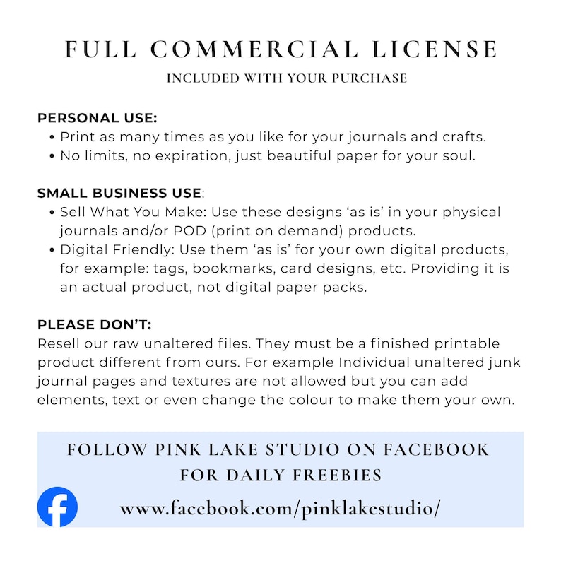 May include: A white document with black text detailing a full commercial license. The text includes personal and small business use guidelines, and a list of things to avoid. The document also features a Facebook logo and a website address.