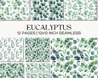 Eucalyptus Watercolor Digital Paper, Botanical Greenery Seamless Patterns, Green Leaves Printables