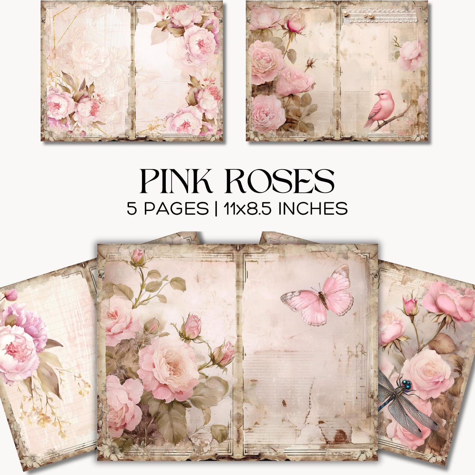 Pink Roses Junk Journal Pages, Shabby Chic Digital Paper Kit, Romantic ...