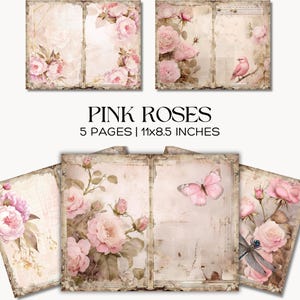 Páginas de diario basura con rosas rosas: Kit digital Shabby Chic (JPG)