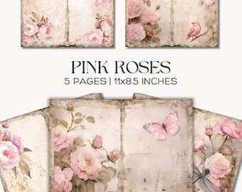 Roze rozen ongewenste dagboekpagina's, shabby chic digitale papierset, romantische bloemen scrapbooking printables