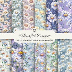 Pacote de papel digital floral aquarela margarida com 12 padrões sem costura para uso comercial - margaridas florais coloridas para convites de scrapbooking