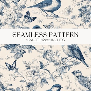 ブルーのトワルシームレスパターン、フレンチカントリーの花柄、鳥、蝶の生地デザイン、スクラップブッキング、ペーパークラフト