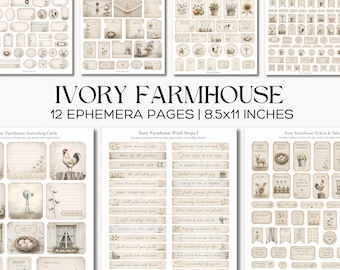 Ephemera Ivory Farmhouse, drukowane notatniki z drobiazgami, etykiety, tagi, paski z wyrazami, strony cyfrowe