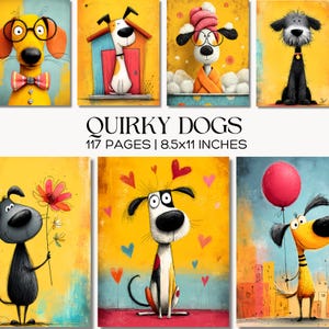 May include: A series of quirky dog illustrations on canvas. The artwork features dogs with glasses, bow ties, and holding balloons. The text "QUIRKY DOGS" is displayed, along with "117 PAGES | 21.6x28 cm". The color palette includes yellow, orange, and blue.