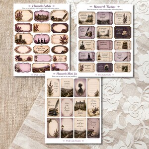 May include: Three sheets of paper with vintage-style designs. The sheets feature labels, tickets, and mini journal cards with floral and architectural illustrations. The color palette includes shades of purple, beige, and brown.