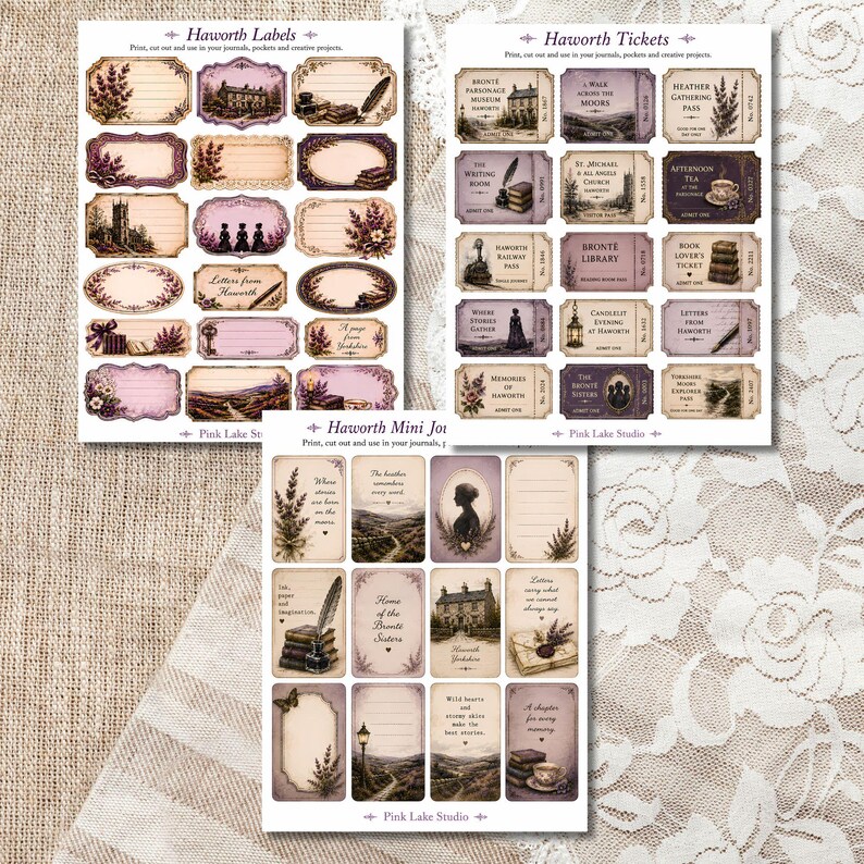 May include: Three sheets of paper with vintage-style designs. The sheets feature labels, tickets, and mini journal cards with floral and architectural illustrations. The color palette includes shades of purple, beige, and brown.