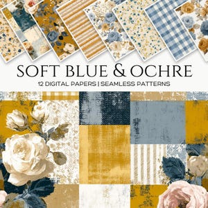 Puede incluir: Conjunto de papeles digitales con patrones sin costuras en tonos azul suave y ocre. Los diseños incluyen patrones florales, a rayas y a cuadros. El texto dice "SOFT BLUE & OCHRE" y "12 DIGITAL PAPERS | SEAMLESS PATTERNS".
