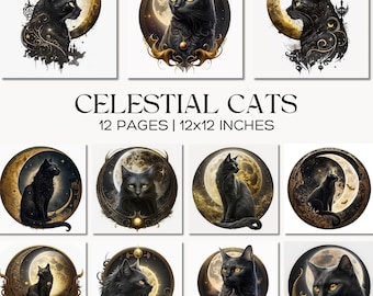 Puede incluir: Una colección de impresiones cuadradas con gatos negros de ojos amarillos, sobre un fondo de luna dorada y elementos celestiales. Se muestra el texto "CELESTIAL CATS", junto con "12 PAGES | 30x30 CM".